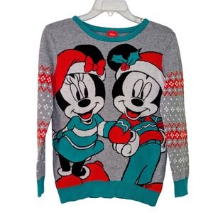 Disney Mickey Minnie‎ Mouse Christmas Sweater Juniors XL 14 16 Grey Holiday Knit